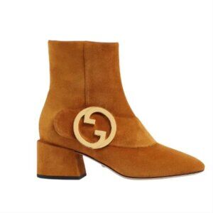 Gucci Blondie Ankle Mid Boots Bootie Womens 41 11 Cognac Gold Suede GG Logo Shoe